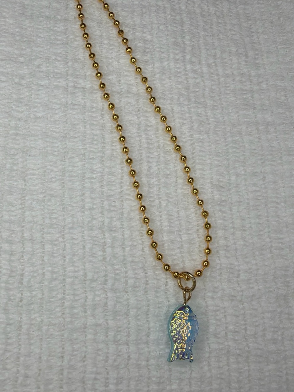 LileeLoo Gold Ball Necklace with Iridescent Blue Fish Pendant